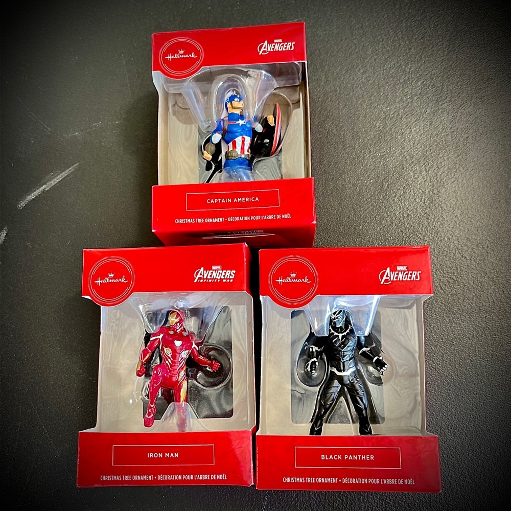 3 Hallmark Marvel Avengers Ornaments. 
Captain America, Iron Man, Black Panther